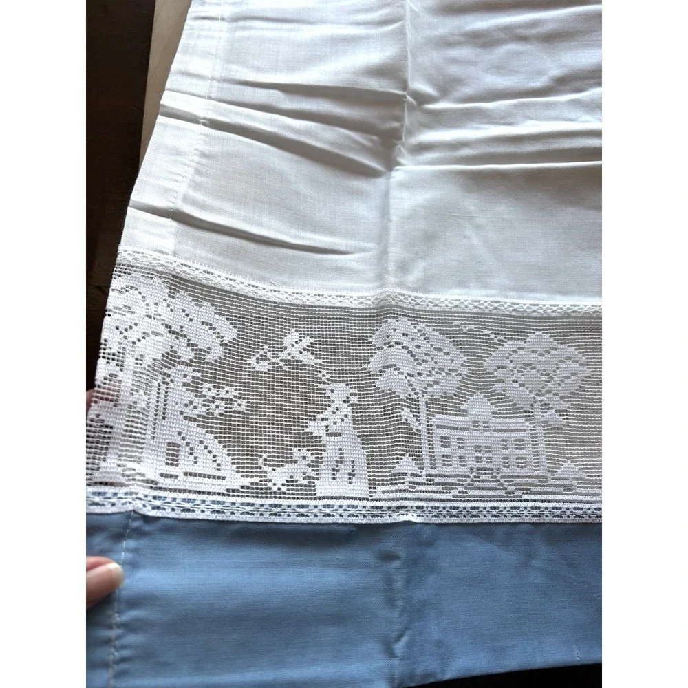 Vintage 1980s Curtain Tier Pair Lace White Blue New 52
